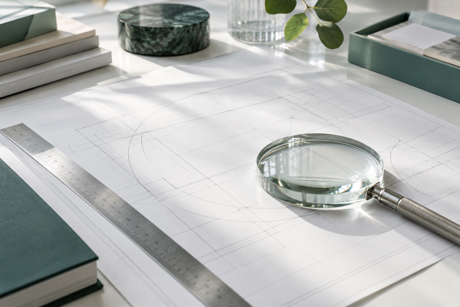 Anonymous drawing sheets and a clear magnifier on a mint and white desk