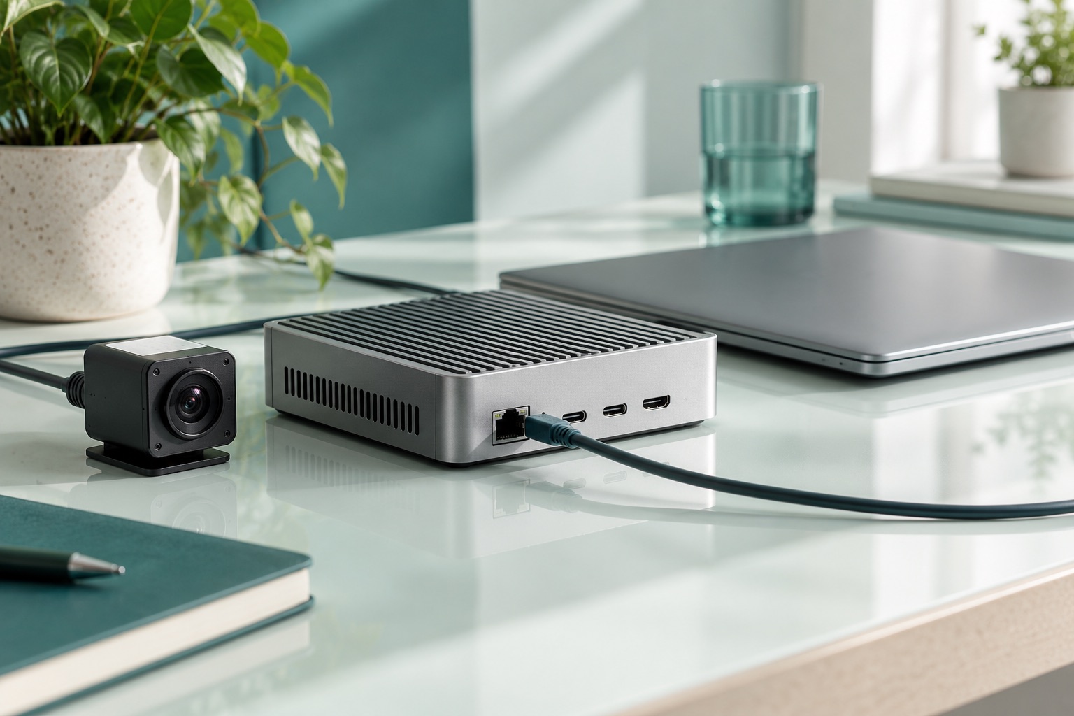 Compact unbranded edge appliance and camera module beside a closed laptop
