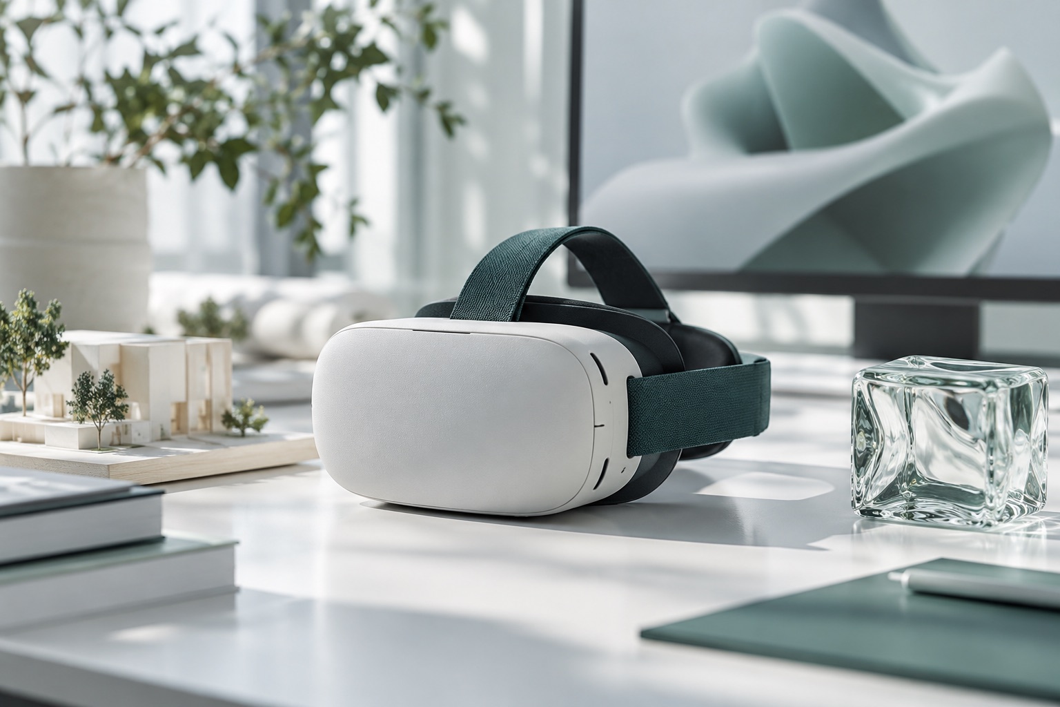 Unbranded virtual reality headset beside a neutral architectural model