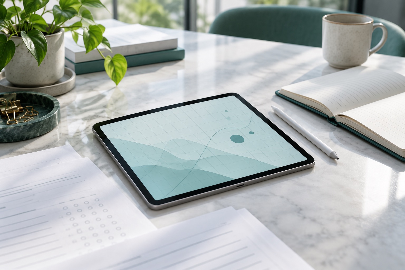 Anonymous assessment pages, notebook, tablet and digital pen in a white workspace