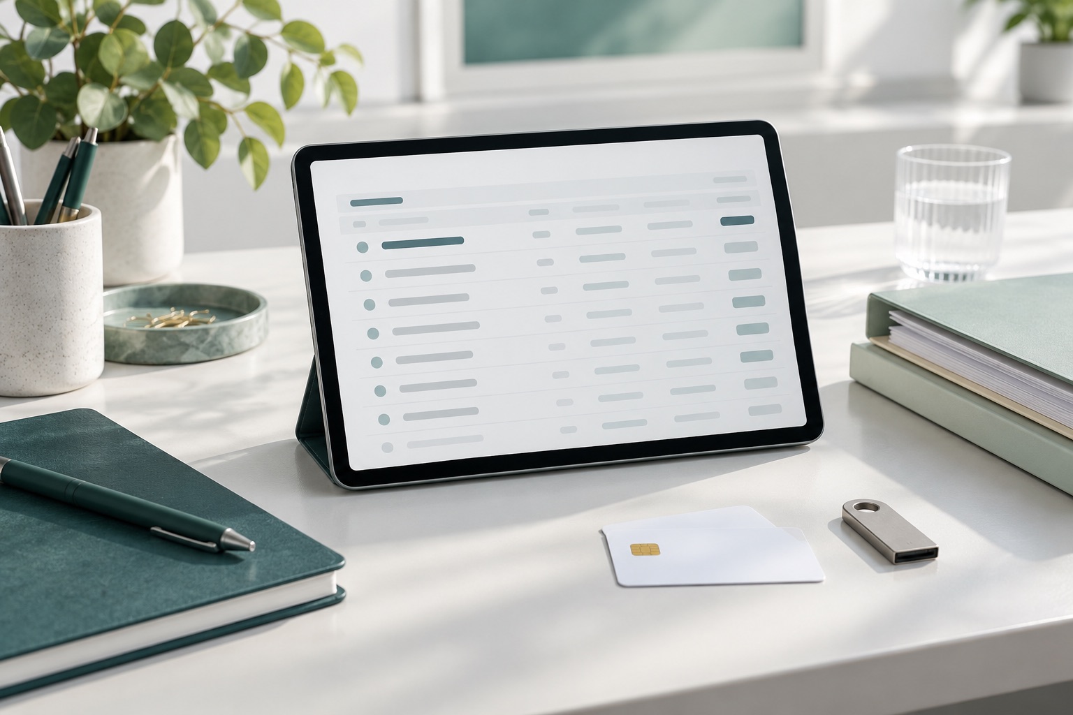 Anonymous records display, blank smart card and security key on a white desk
