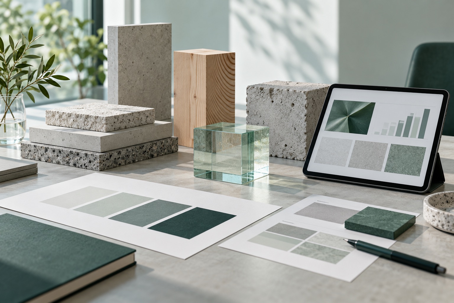 Concrete and timber material samples beside blank research charts