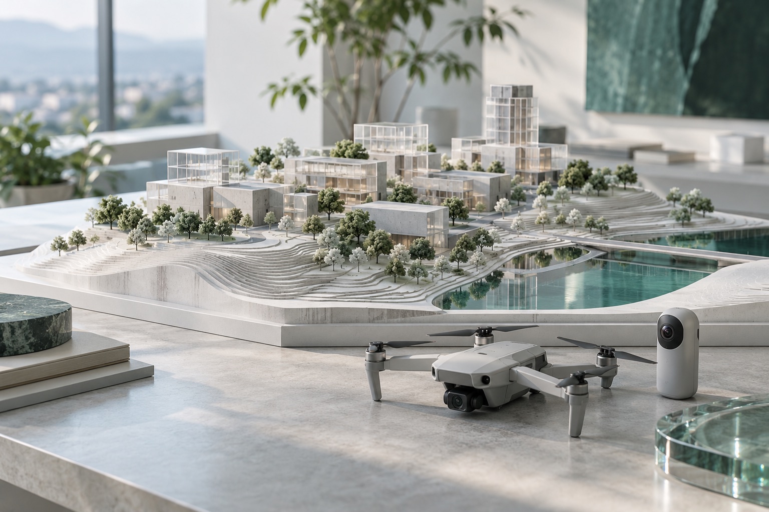 Generic topographic architectural model beside an unbranded drone and panoramic camera
