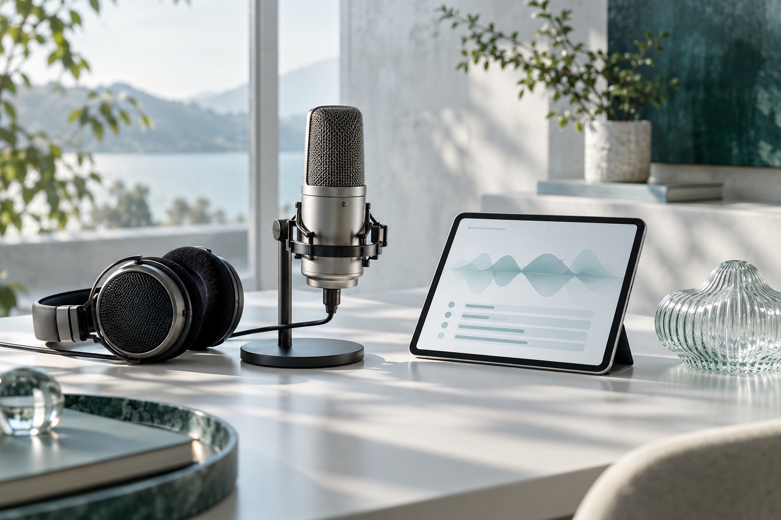 Studio microphone, headphones, and an abstract waveform on an unbranded tablet
