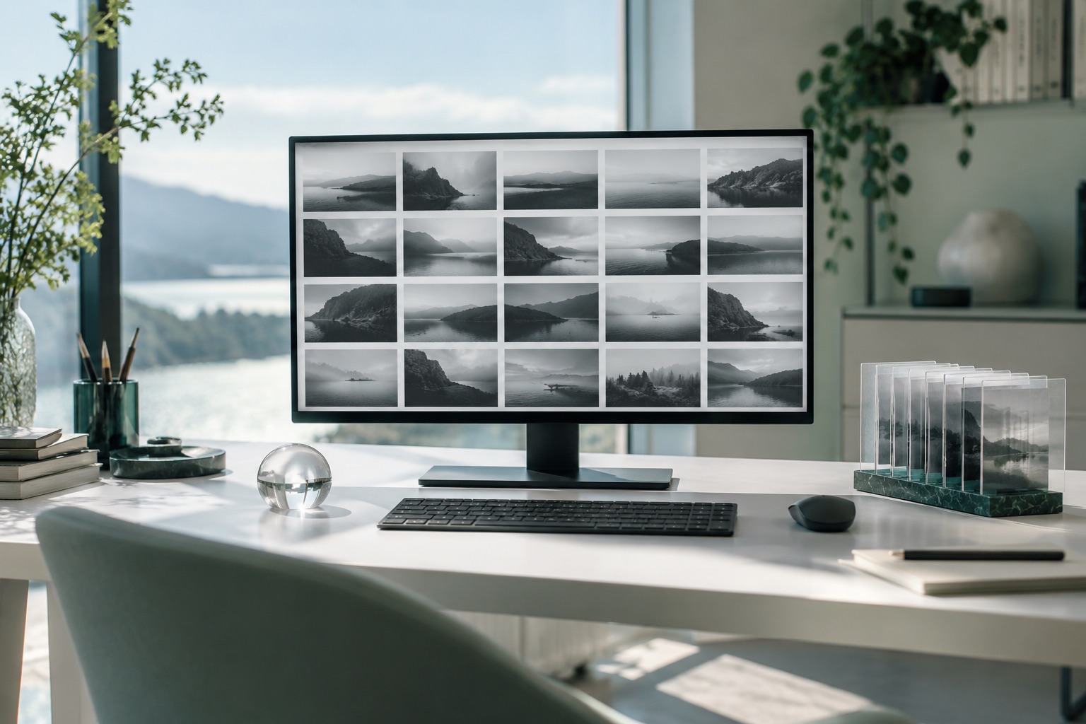 Unbranded research workstation with abstract video thumbnails and translucent image frames