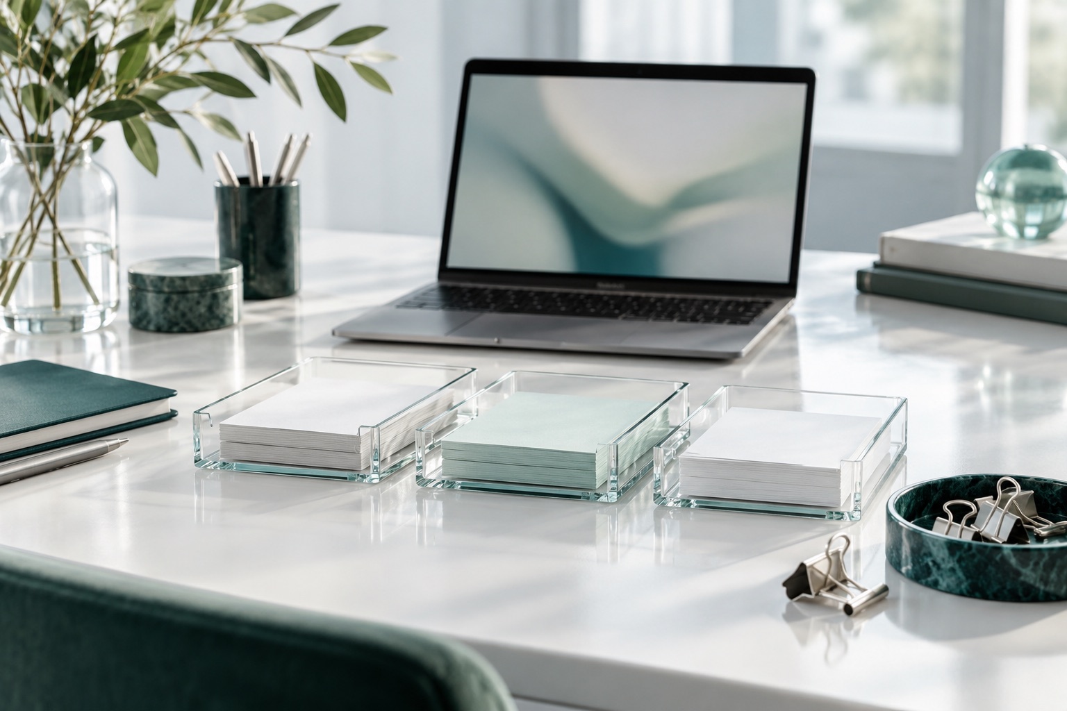 Blank cards in clear glass trays beside an unbranded laptop